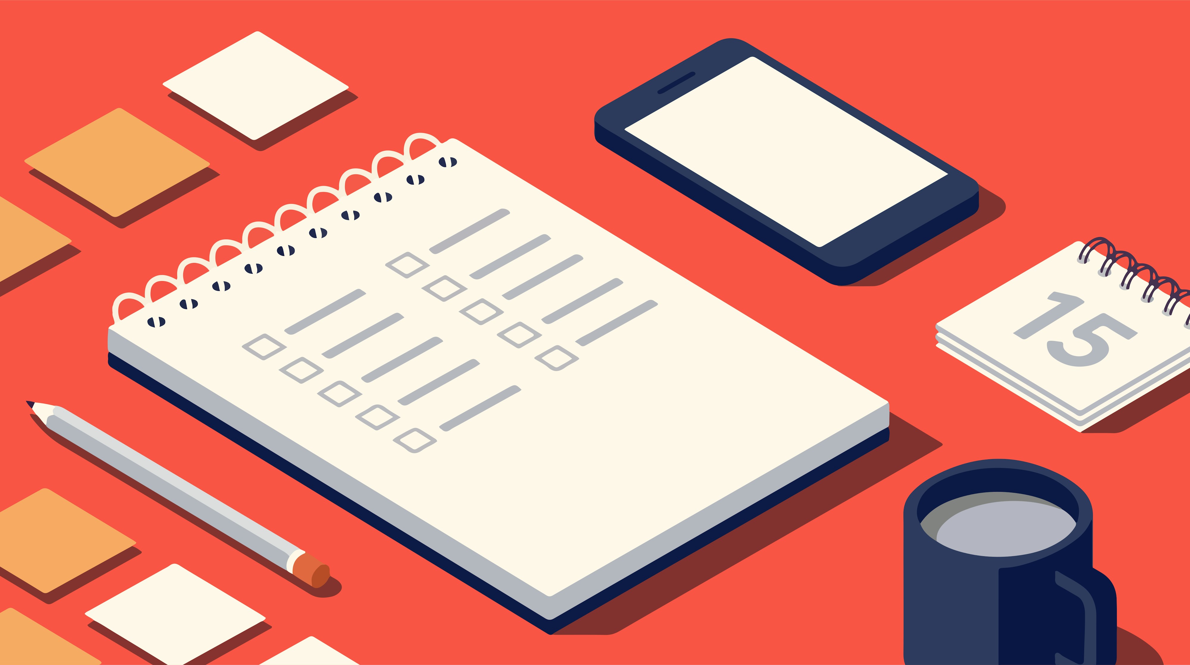 Illustration of paper, pens, and calendar