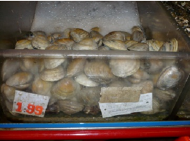 Fresh clams in a clear plastic container with a price tag of 1.99.